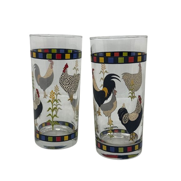 VTG Warren Kimble Country Quartet Rooster Tumblers Set of 2 | 14oz Farmhouse 6" - Picture 1 of 6